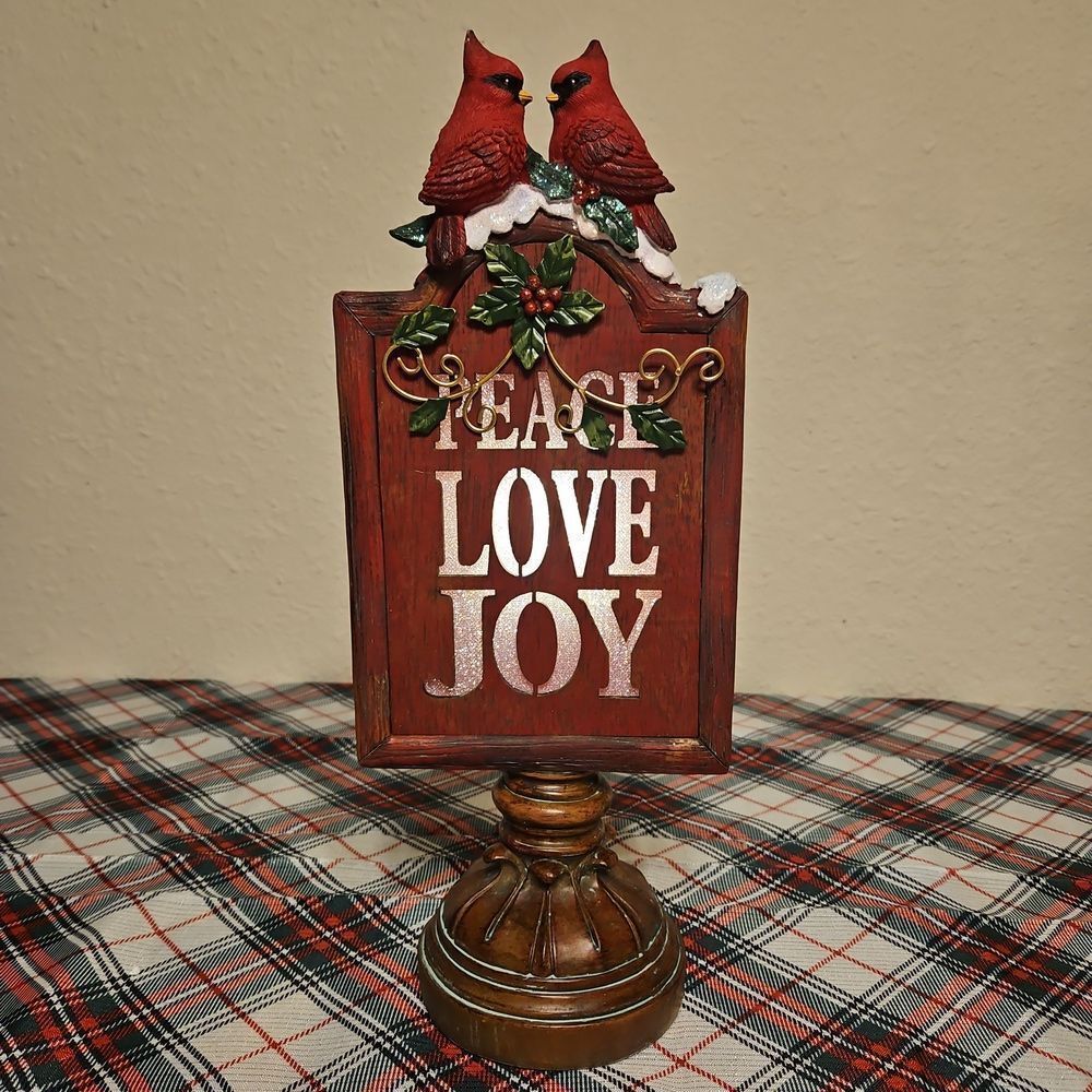 Festive Red Cardinal "Peace, Love, Joy" Lighted Holiday Sign